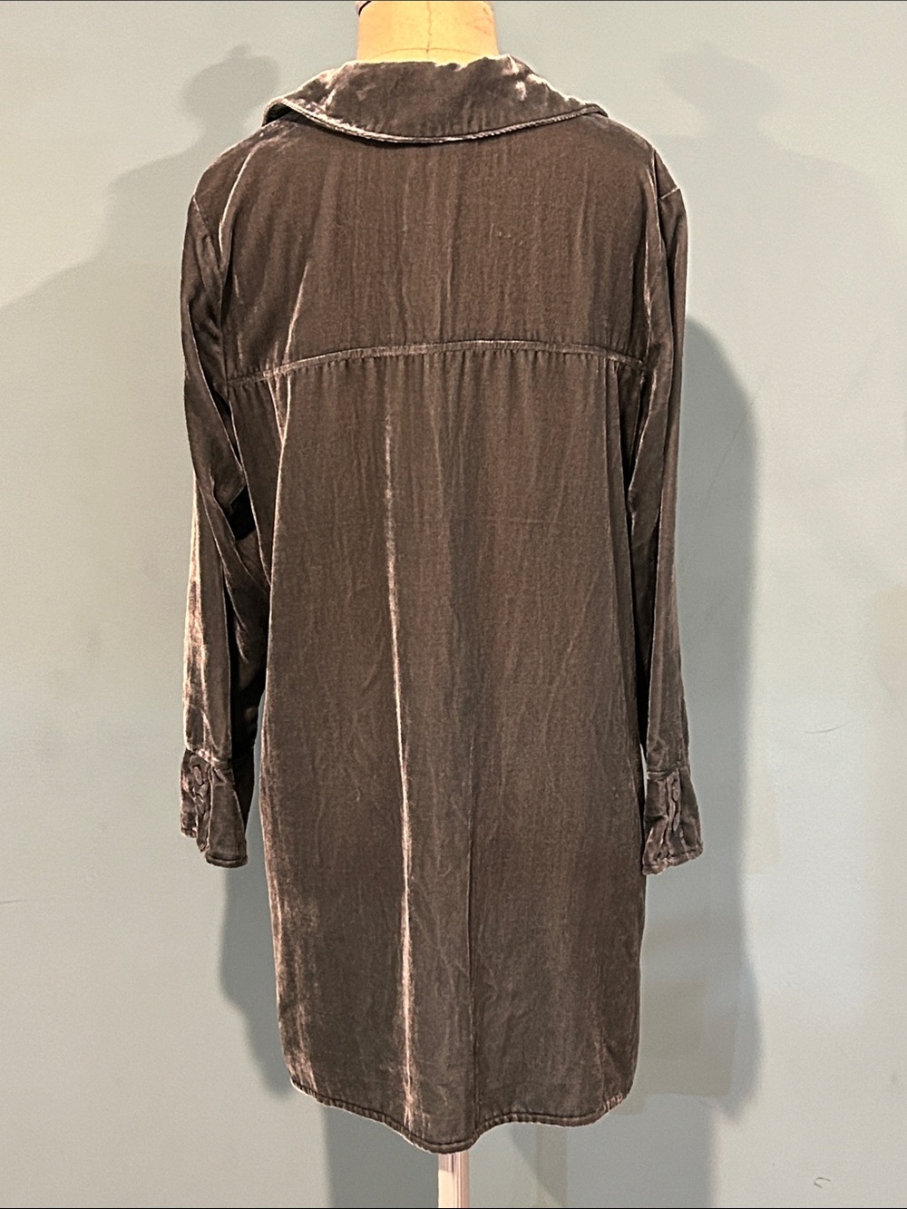 Habitat Velvet Button Down Tunic Blouse Top XS Olive Khaki Green Gray Lagenlook - Picture 3 of 15